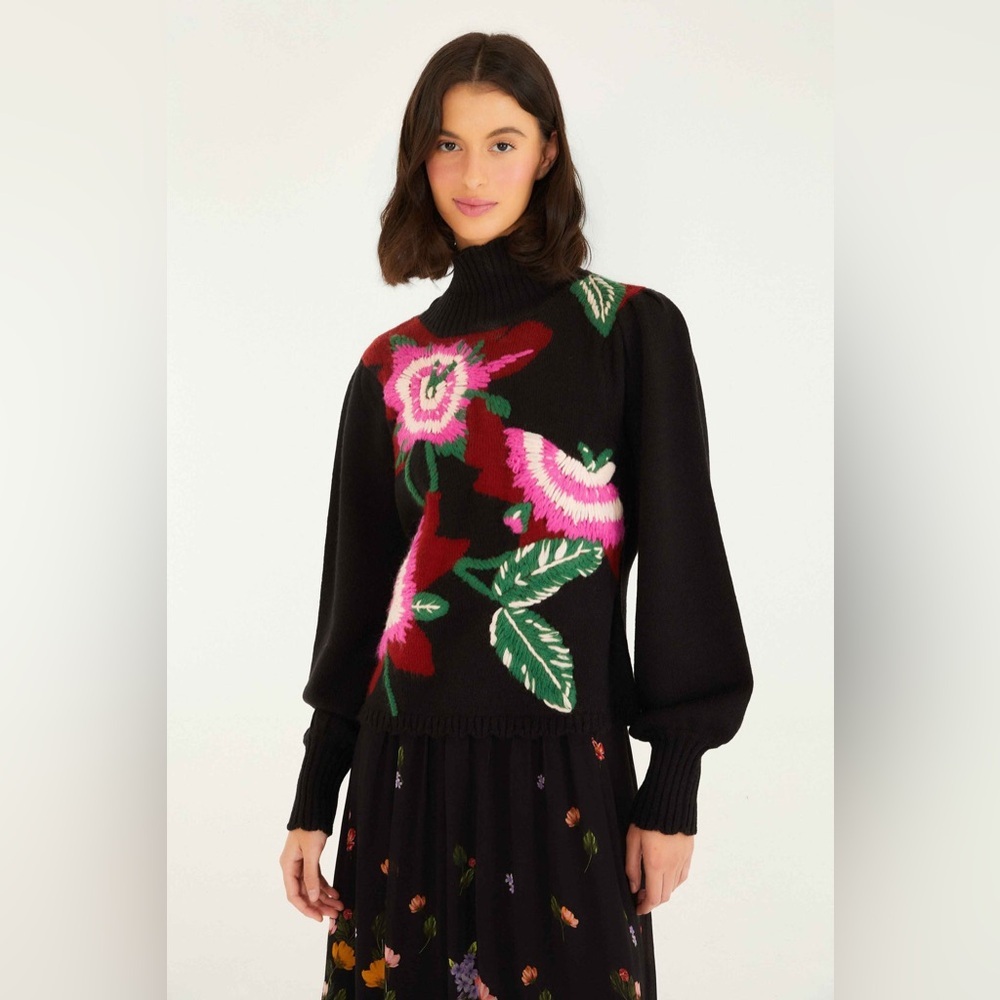 Farm Rio: Black Bold Colorful Flower Embroidered Knit Sweater
